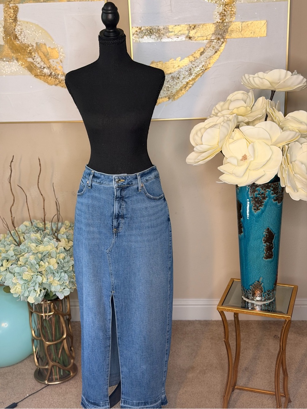 Express Classic High-Waist Blue Denim Midi Skirt with Front Slit